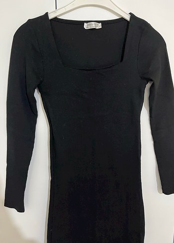 Siyah kare Yaka Uzun Kollu Midi Triko Elbise - Görsel 2