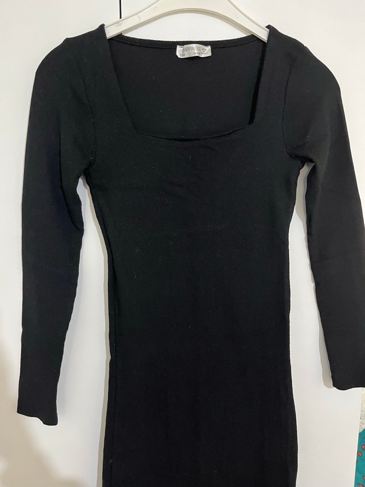 Siyah kare Yaka Uzun Kollu Midi Triko Elbise - Görsel 2