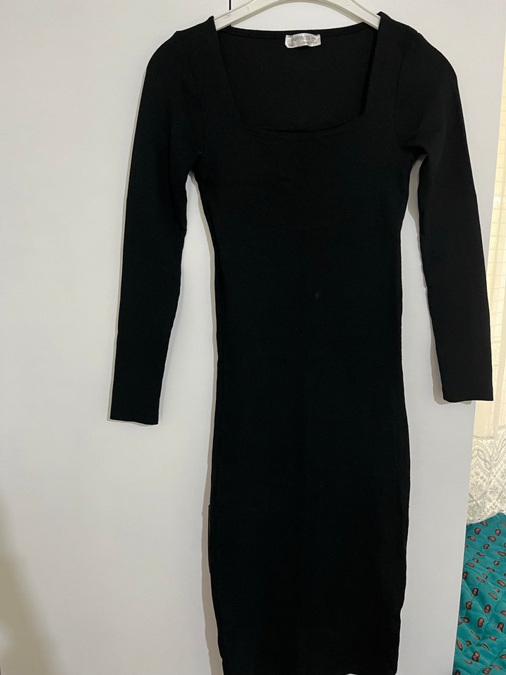 Siyah kare Yaka Uzun Kollu Midi Triko Elbise - Görsel 4