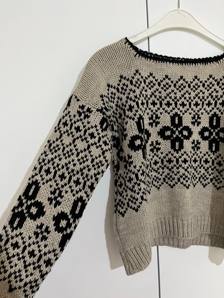 Bohem Desenli Bej Örgü Kadın Kazak - Görsel 3