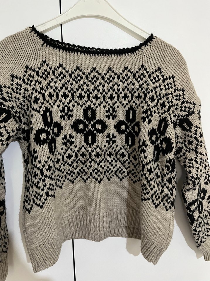 Bohem Desenli Bej Örgü Kadın Kazak - Görsel 4