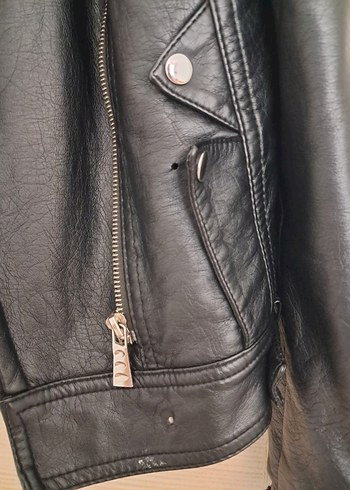 s Beden Siyah Kürklü Deri Biker Ceket