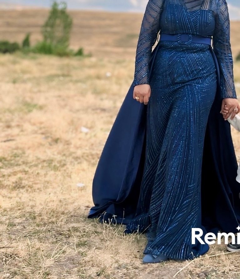 Uzun Lacivert yuvarlak Yaka Bohem Kadın Elbise - Görsel 2