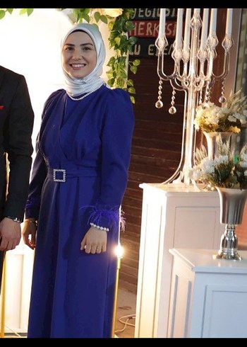 Drapeli Lacivert Uzun Kollu Kadın Abiye Elbise