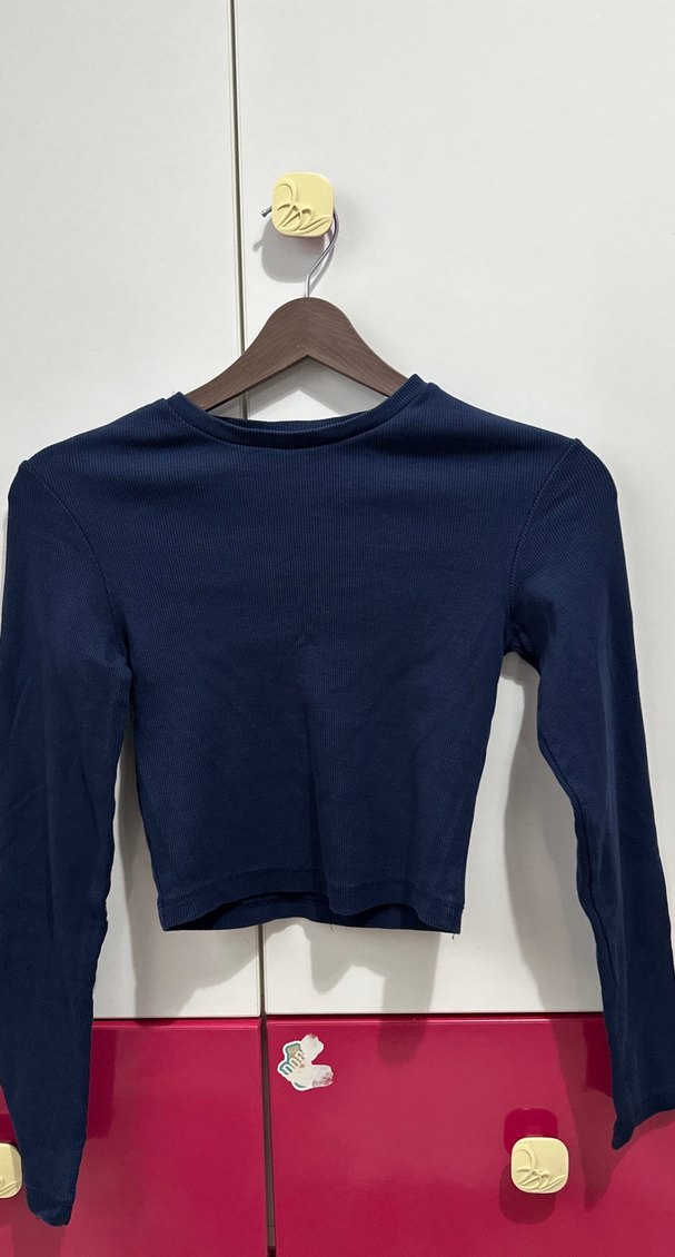 Kadın Lacivert Uzun Kollu Crop Top - Görsel 2