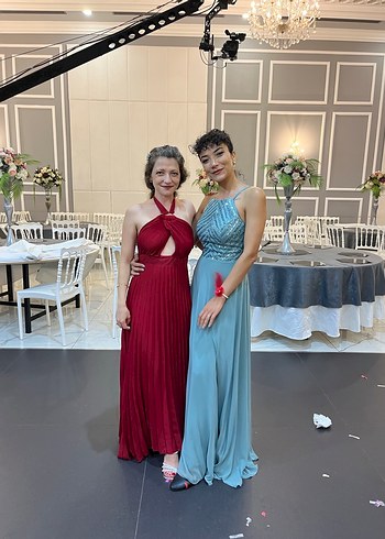 Bordo Pilili Uzun Straplez Kadın Elbise - Görsel 2