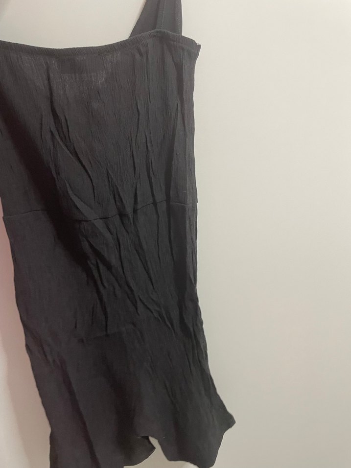 Kadın Siyah Keten V Yaka Askılı Tulum - Görsel 2