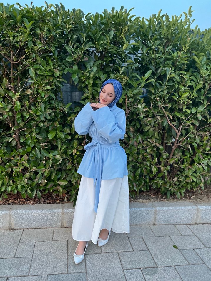 Mavi Bağlamalı Uzun Kollu Tunik ve etek - Görsel 2