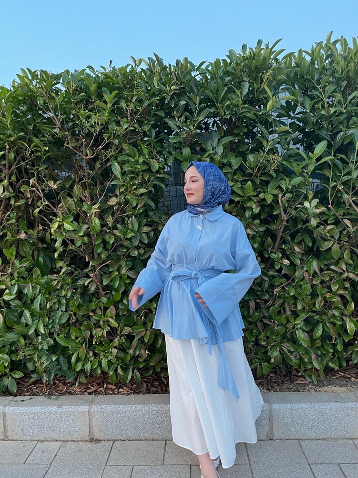 Mavi Bağlamalı Uzun Kollu Tunik ve etek - Görsel 3