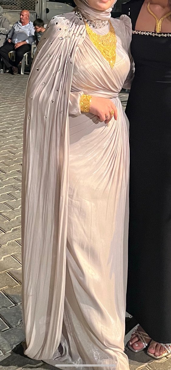 Bej Drapeli Uzun Abiye Elbise - Görsel 2