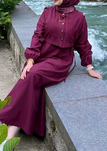 Bordo Düğmeli Uzun Salaş Elbise - Görsel 2