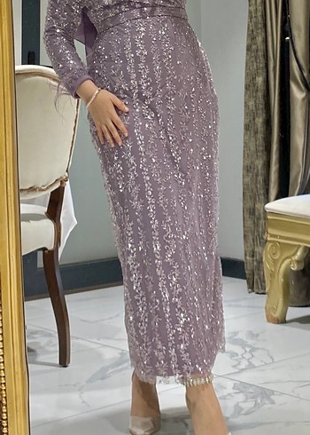 Uzun Kollu Mor İşlemeli Abiye tesettür Elbise - Görsel 2