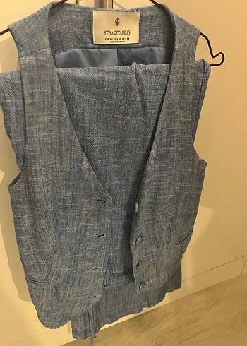 xs Beden Kadın Mavi Denim Düğmeli yelek pantolon takım