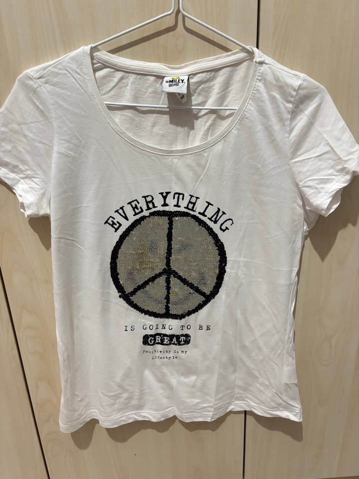 Beyaz Payetli Baskılı Kadın Tişört - Görsel 5