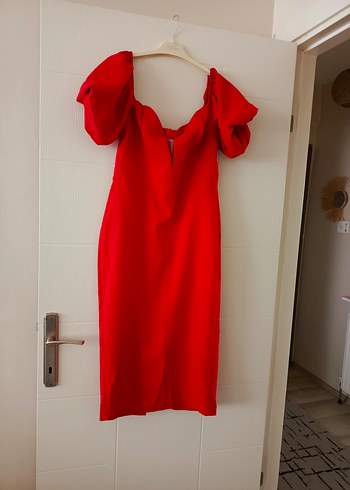 Parlak Kırmızı Drapeli V Yaka Uzun Elbise - Görsel 2