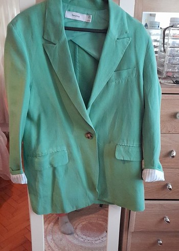 Yeşil Keten Midi Kadın Blazer Ceket
