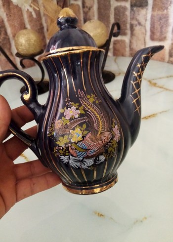 Siyah Altın Detaylı Çiçekli Demlik-Sütlük - Görsel 2