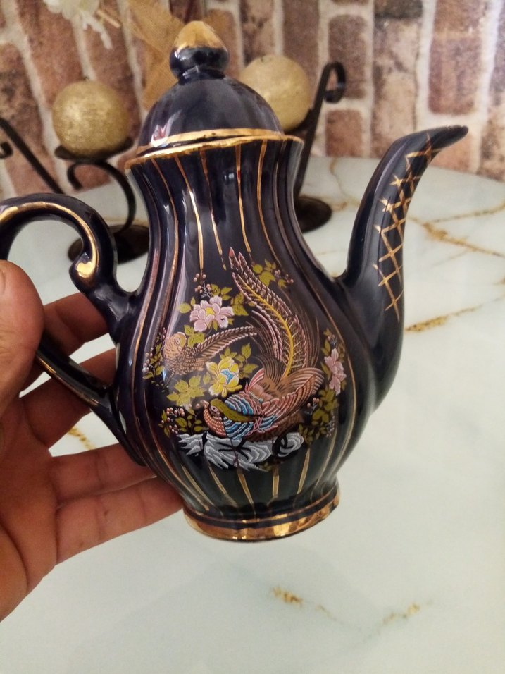 Siyah Altın Detaylı Çiçekli Demlik-Sütlük - Görsel 2