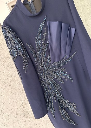 Lacivert Nakışlı Uzun Kollu Uzun Elbise - Görsel 4