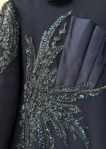 Lacivert Nakışlı Uzun Kollu Uzun Elbise - Görsel 2