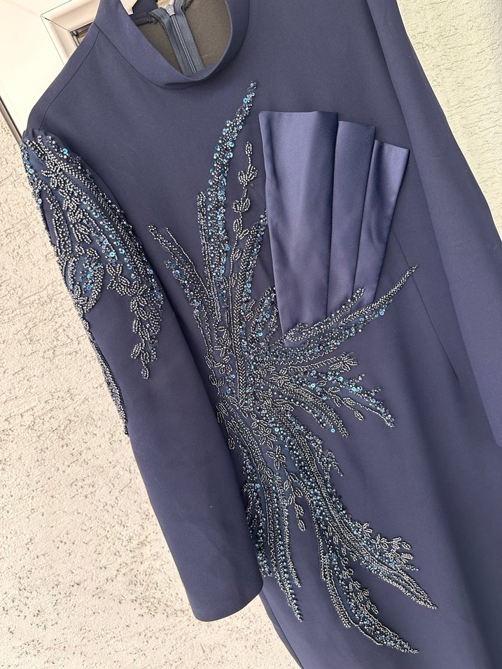 Lacivert Nakışlı Uzun Kollu Uzun Elbise - Görsel 4