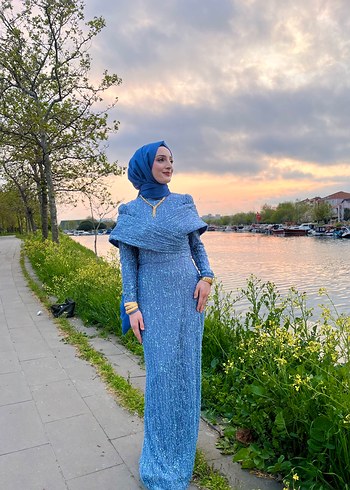 Zara Uzun Kollu Yüksek Yakalı Drapeli Mavi Elbise