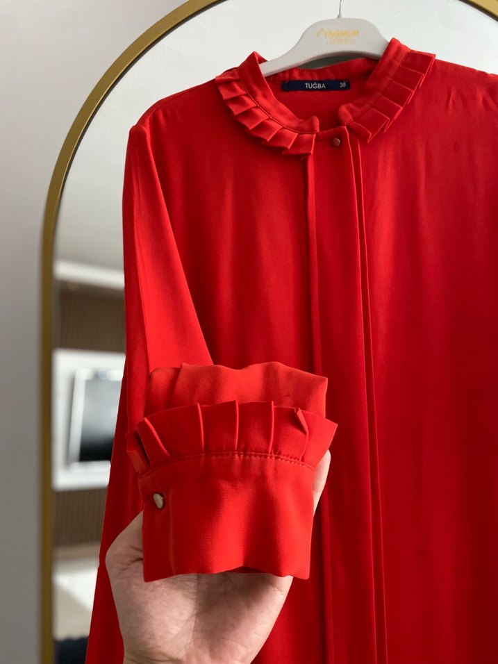 Uzun Kollu Parlak Kırmızı Kadın Tunik - Görsel 2