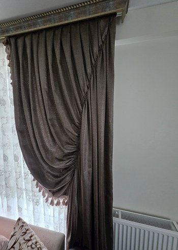 Modern Klasik Nakışlı Bej Perde 2cam için 4adet püsküllü kanat - Görsel 3