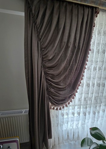 Modern Klasik Nakışlı Bej Perde 2cam için 4adet püsküllü kanat - Görsel 2