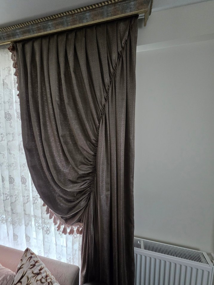 Modern Klasik Nakışlı Bej Perde 2cam için 4adet püsküllü kanat - Görsel 3