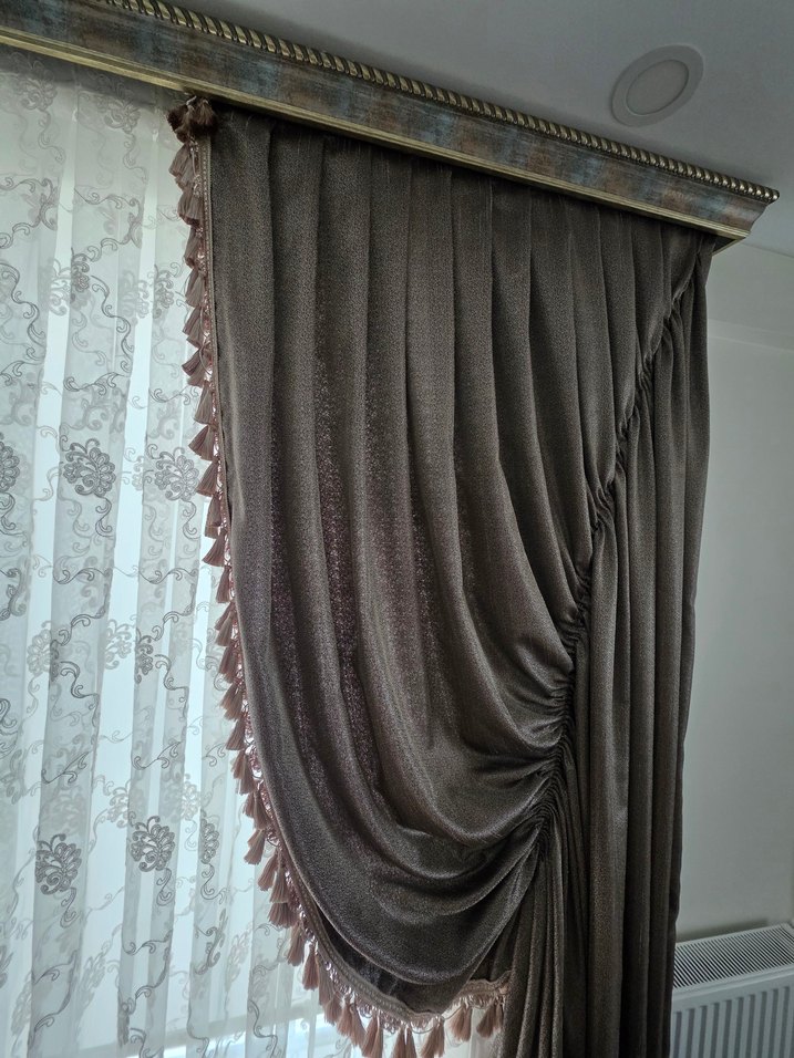 Modern Klasik Nakışlı Bej Perde 2cam için 4adet püsküllü kanat - Görsel 4