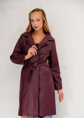 Stradivarius Her beden mevcuttur Bordo Deri Uzun Kuşaklı Trençkot