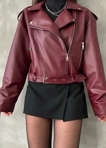 Mango Her beden mevcuttur Bordo Kemerli Mini Deri Kadın Ceket