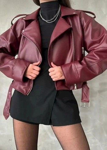 Her beden mevcuttur Bordo Kemerli Mini Deri Kadın Ceket
