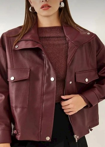 Mango HER BEDENI MEVCUTTUR Bordo Deri Mini Ceket