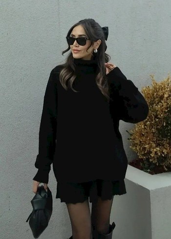 Her beden mevcuttur Boğazlı Oversize Kadın Kazak ve etek takımı
