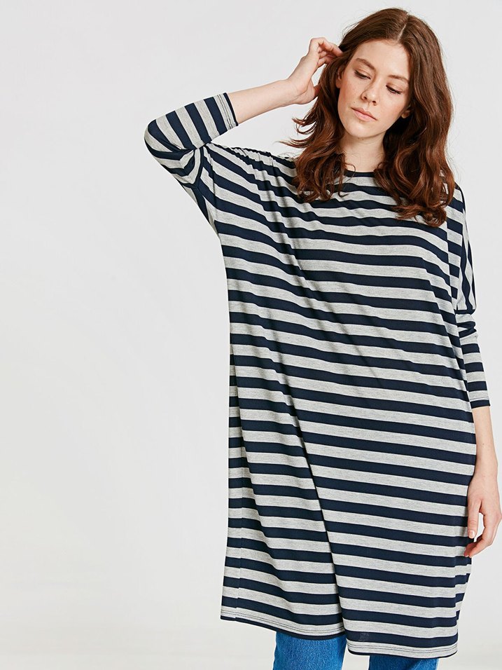 Gri Çizgili Rahat Hamile Elbisesi - Görsel 2