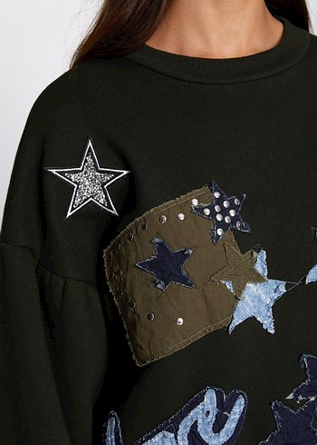 xl Beden Nakışlı Yeşil Kadın Sweatshirt