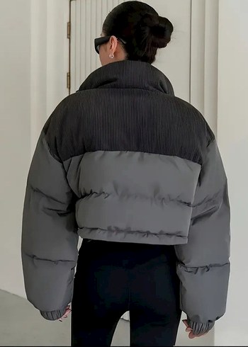 Gri Kadın Şişme Kısa Kış Montu - Görsel 3