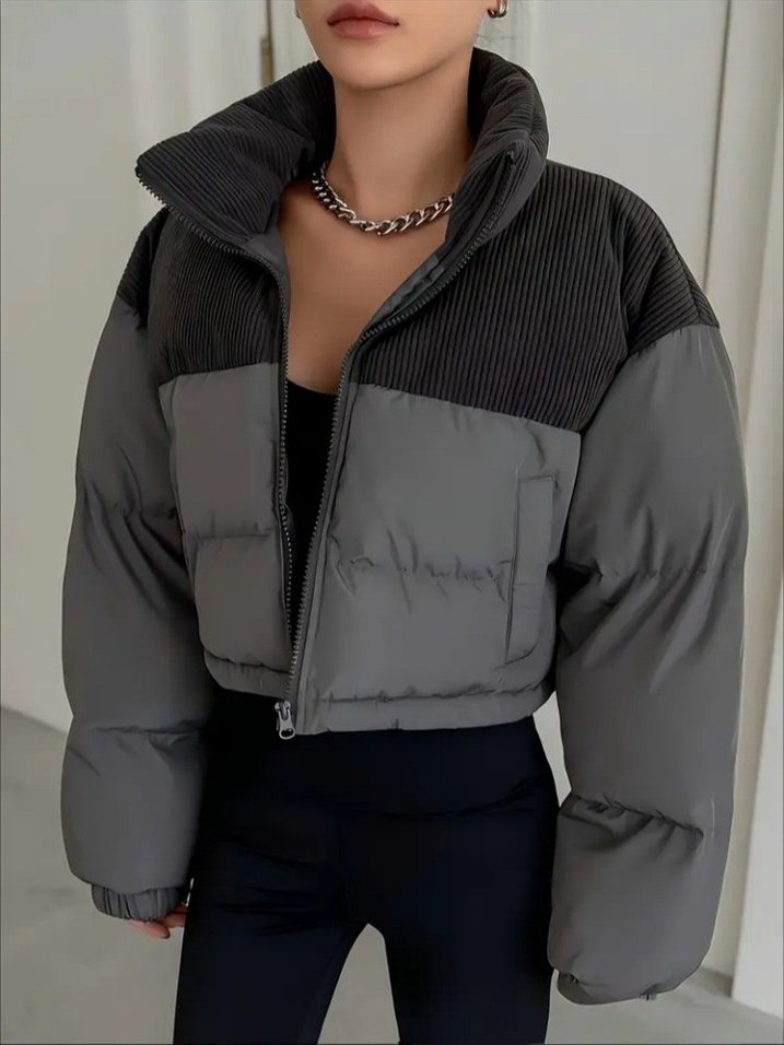 Gri Kadın Şişme Kısa Kış Montu - Görsel 2