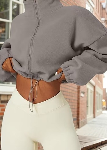 Gri Mini Bomber Ceket Yüksek Yakalı - Görsel 3