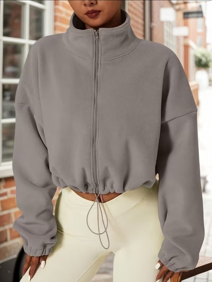 Gri Mini Bomber Ceket Yüksek Yakalı - Görsel 5