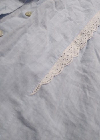 Nakışlı Mavi Keten Uzun Kollu Gömlek - Görsel 2