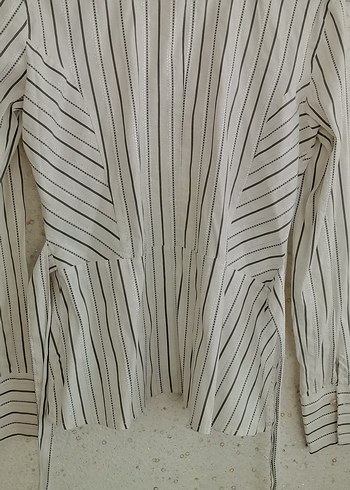 Kadın Beyaz Çizgili Keten Gömlek - Görsel 4