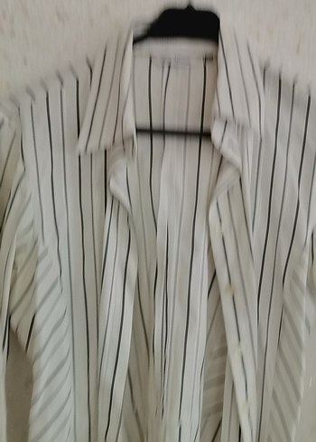 Kadın Beyaz Çizgili Keten Gömlek - Görsel 3
