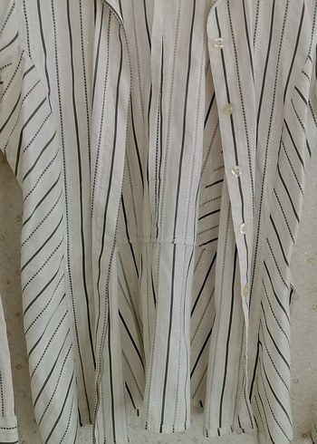 Kadın Beyaz Çizgili Keten Gömlek - Görsel 2