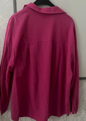 Düğmeli Pembe Kadın Keten Gömlek - Görsel 3