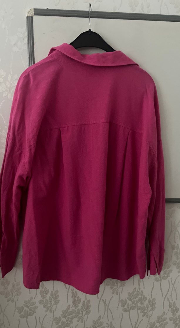 Düğmeli Pembe Kadın Keten Gömlek - Görsel 3