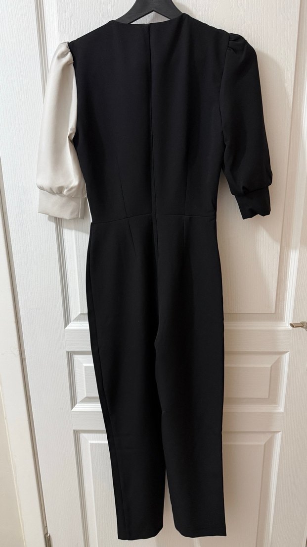 Kadın Beyaz Uzun Kollu Drapeli Tulum - Görsel 3