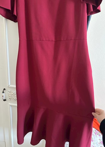 Bordo Midi Drapeli Kısa Kollu Elbise - Görsel 2